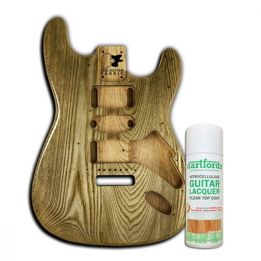 Varnish Satin Nitro Spray 400mL spray can displayed next to finished guitar body showing satin finish application