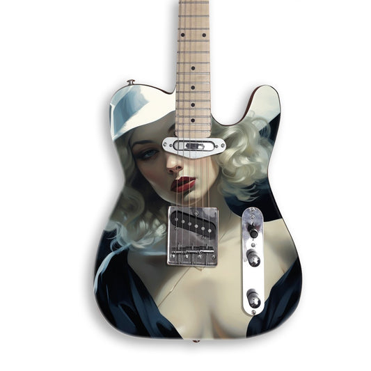 Noir Lady White Hat guitar skin on a black Tele-style guitar
