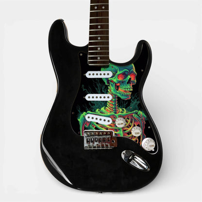 Black ST-style guitar with the loaded pickguard printed with a skull artwork