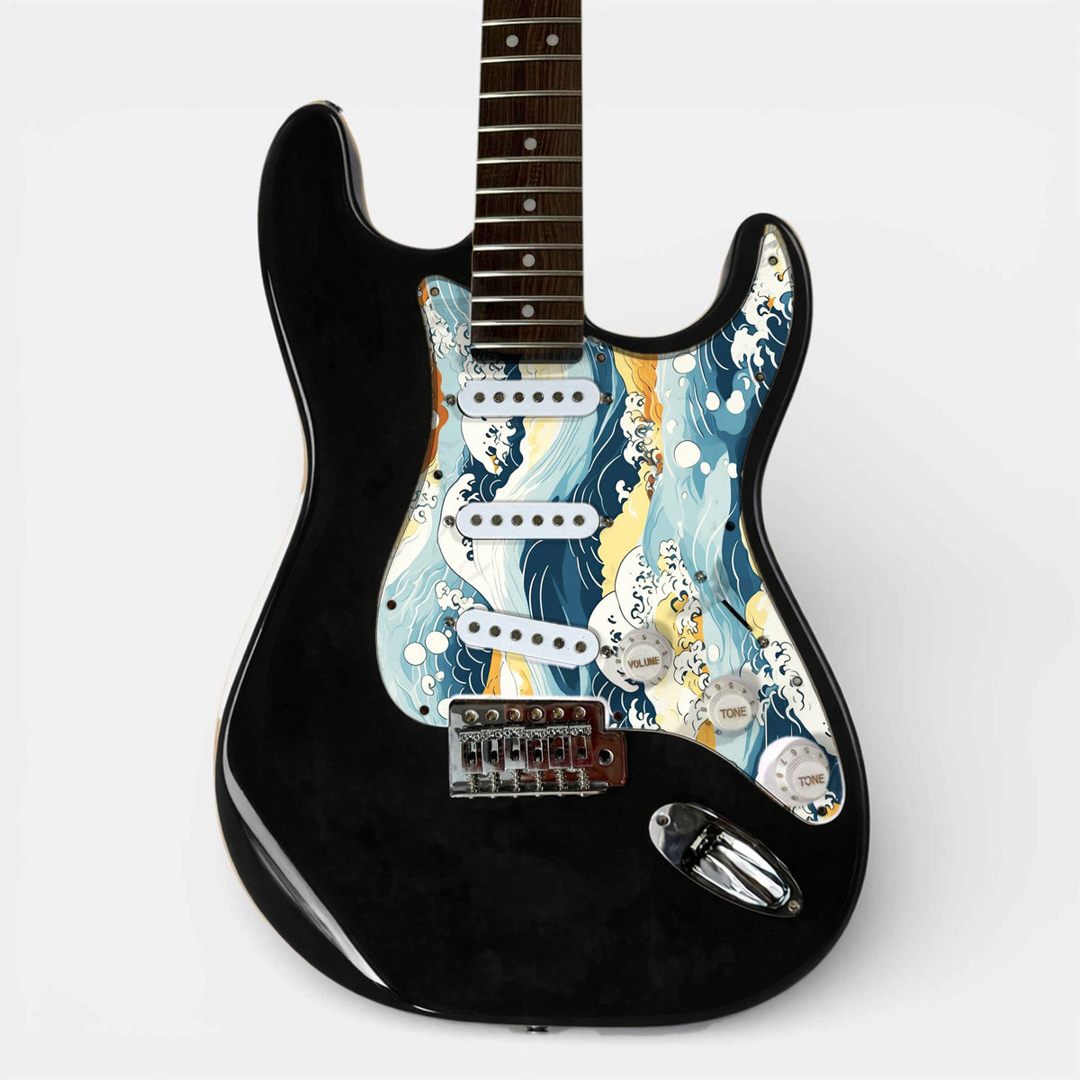 Black ST-style guitar with the loaded pickguard printed with a Japanese wave artwork