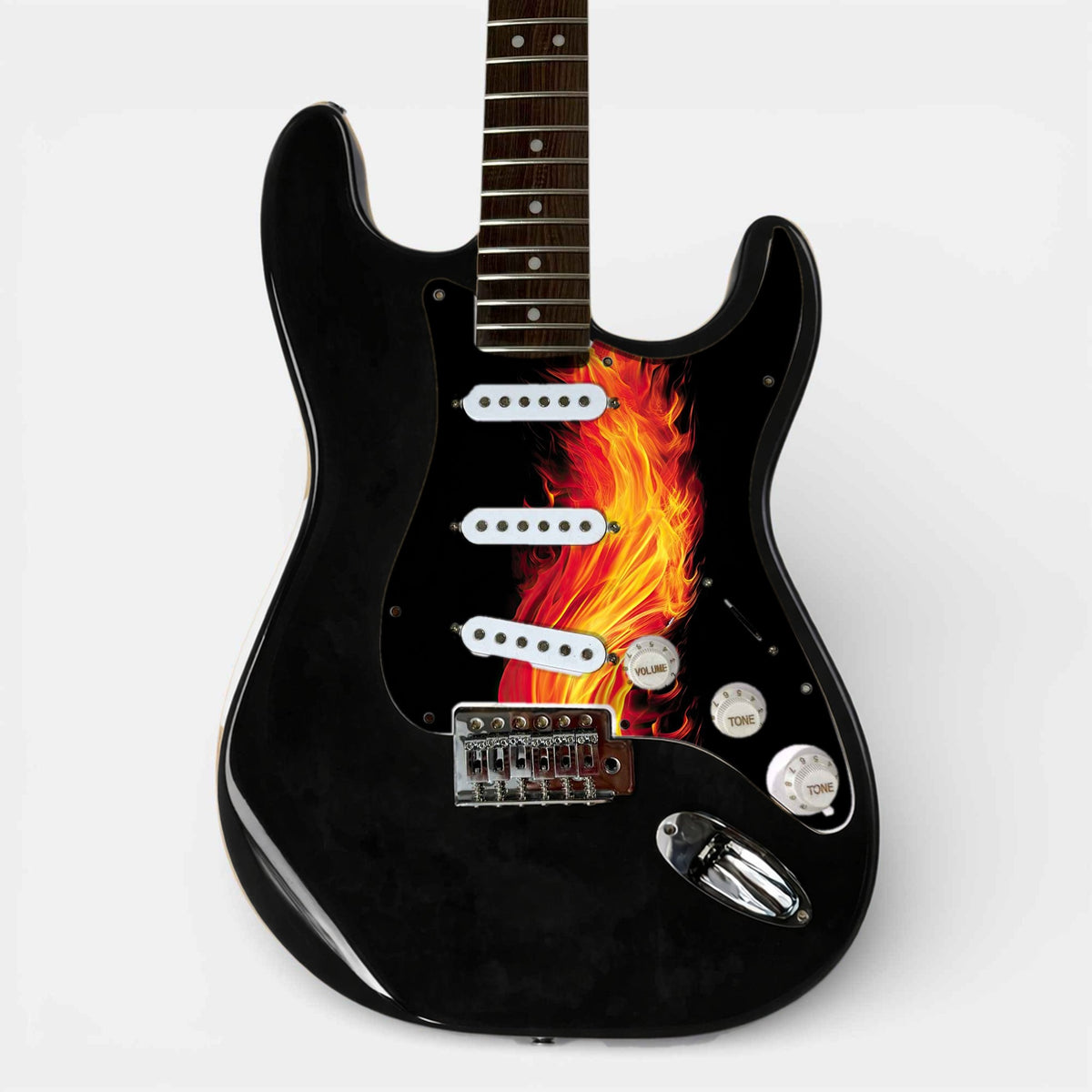 Black ST-style guitar with the loaded pickguard printed with a flame artwork