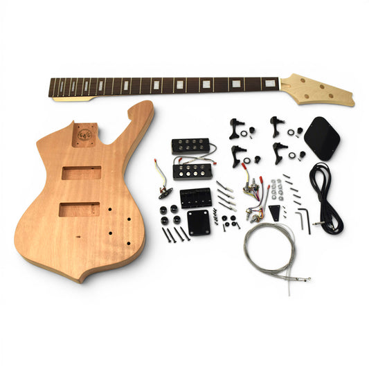 overview of Iceman guitar bass kit with solid mahogany body, maple neck with rosewood fretboard, black hardware set with solderless electronics part. 