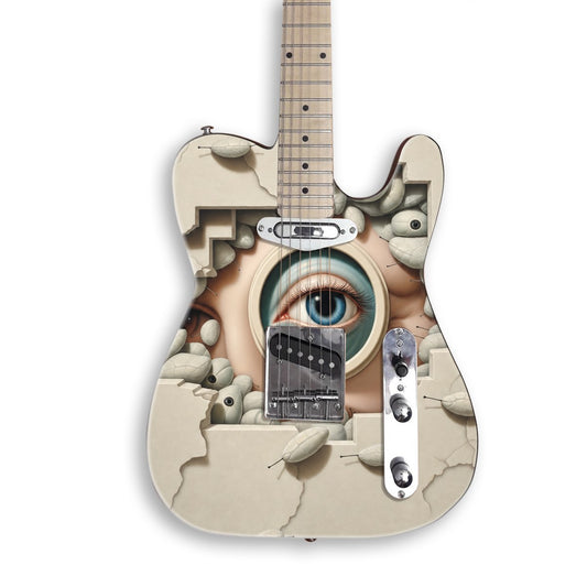 Peering Eye Through Wall guitar skin on a black Tele-style guitar