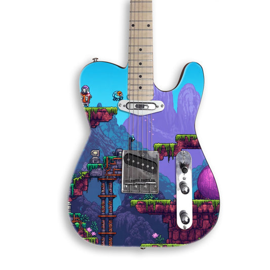 Pixel Jungle Ruins guitar skin on a black Tele-style guitar