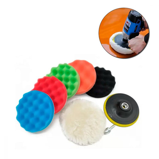 Guitar polishing pad set of 8 pcs in multiple colors and grades stacked and displayed with drill attachment