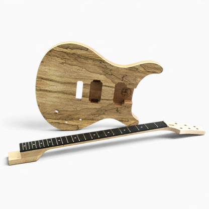 Spalted maple body standing behind the set-in maple neck with ebony fretboard and six tuner holes