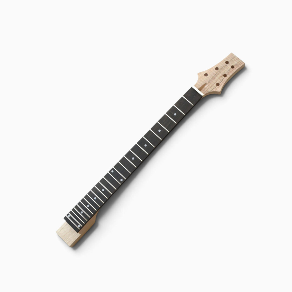 Maple neck with 24-fret ebony fretboard, white dot inlays and spalted maple headstock veneer with 3+3 tuner holes