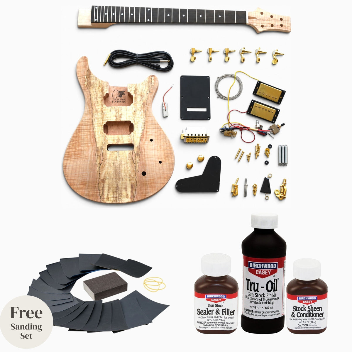Spalted maple PR guitar kit with Tru-Oil: kit laid flat with Tru-Oil sealer, Tru-Oil finish, sheen conditioner and free sanding set