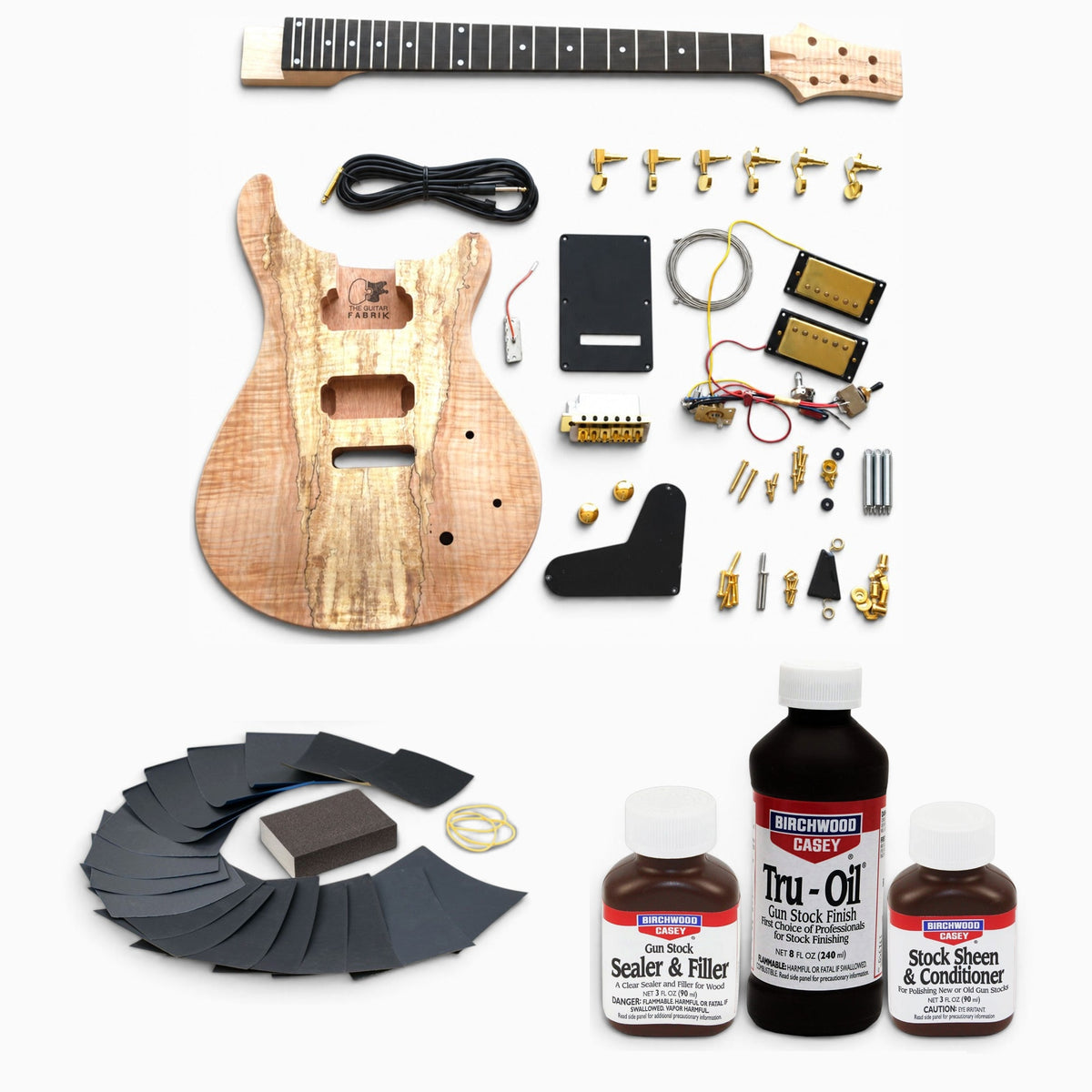 Spalted maple PR kit with gold hardware and the Tru-Oil set, ready for a natural oil finish