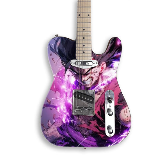 Purple Lightning Fury guitar skin on a black Tele-style guitar