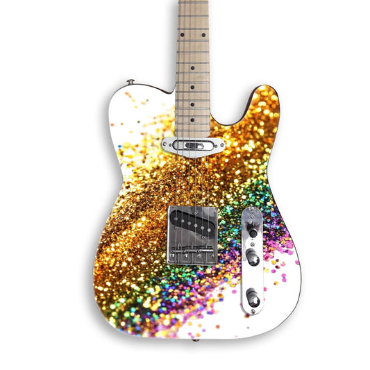 Rainbow Gold Glitter guitar skin on a black Tele-style guitar