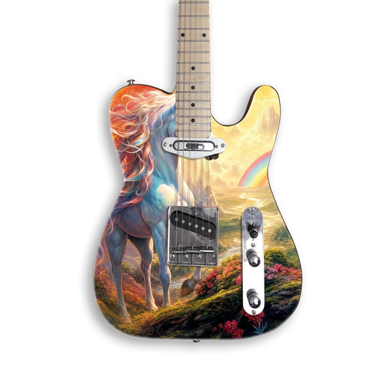 Rainbow Unicorn Valley guitar skin on a black Tele-style guitar