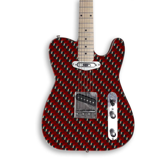 Red Carbon Weave guitar skin on a black Tele-style guitar