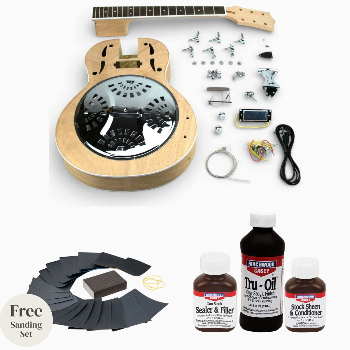 Resonator kit mahogany with Tru-Oil: kit laid flat with Tru-Oil sealer, Tru-Oil finish, sheen conditioner and free sanding set
