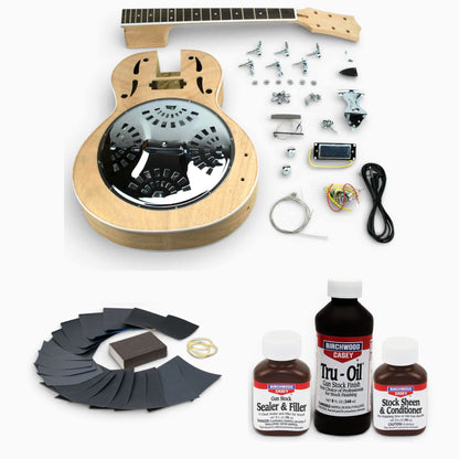 Ashbury mahogany resonator kit with chrome cone and the Tru-Oil set, ready for a natural oil finish