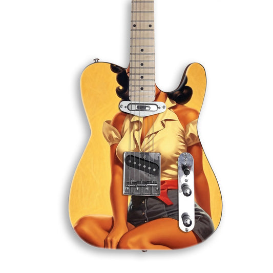 Retro Bow Pin-Up guitar skin on a black Tele-style guitar