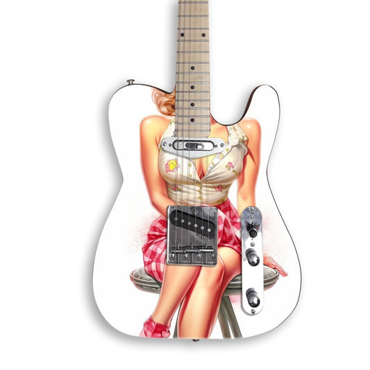 Retro Diner Pin-Up guitar skin on a black Tele-style guitar