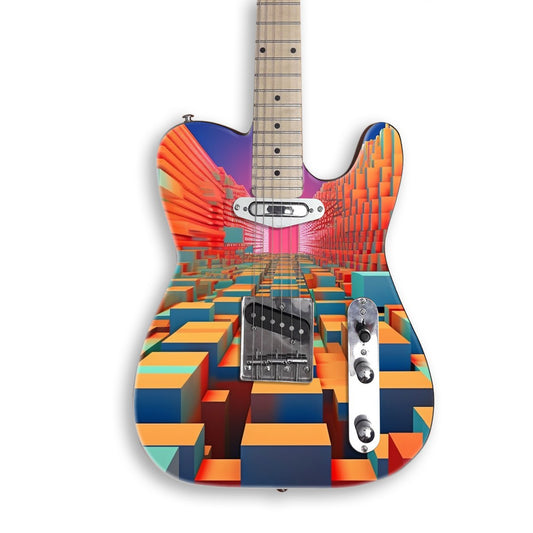 Retro Voxel Canyon guitar skin on a black Tele-style guitar