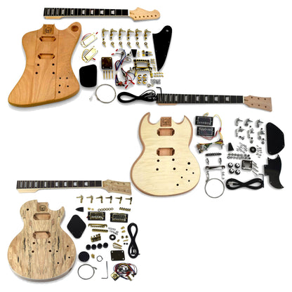 Three DIY guitar kits laid out: FB-style, double cut and single cut