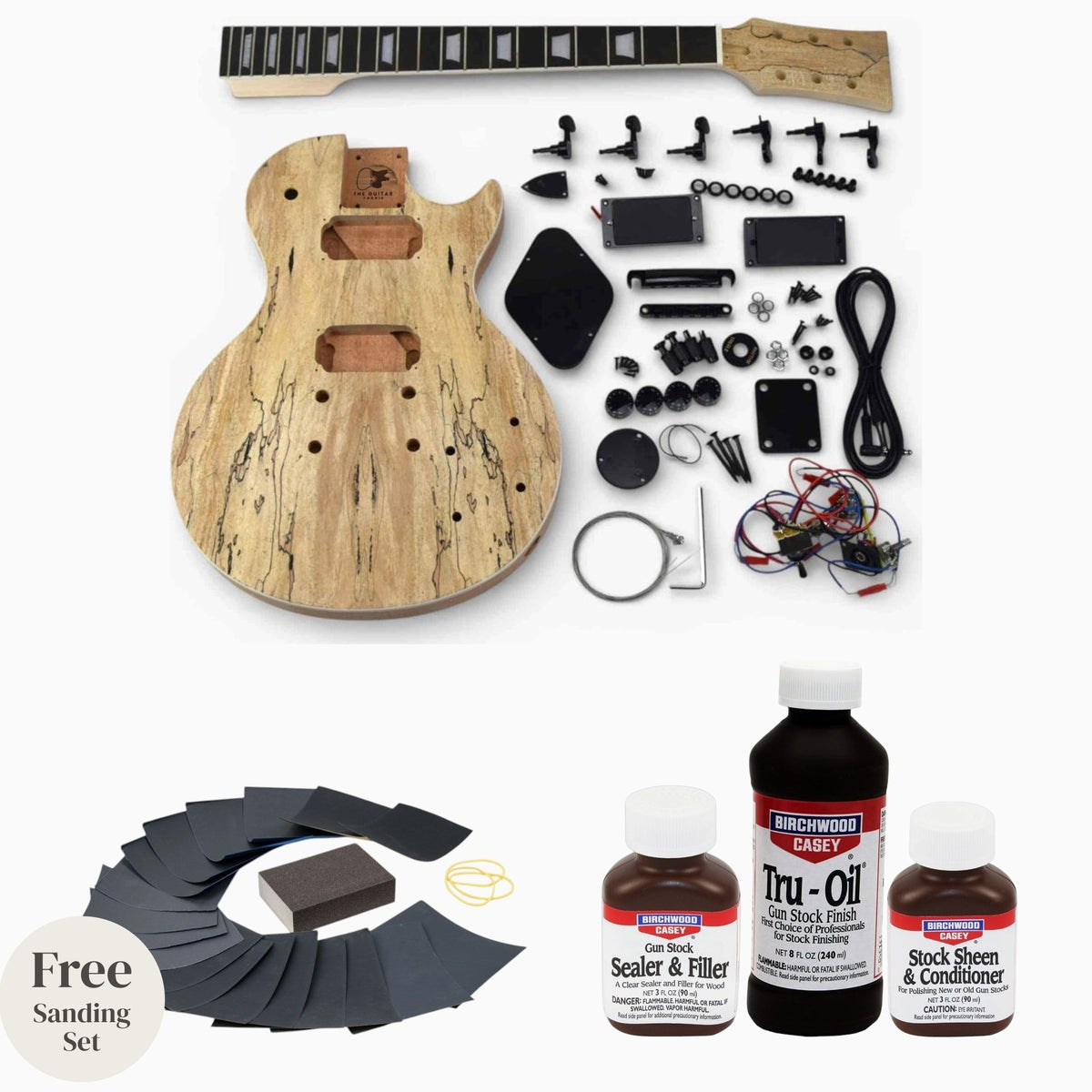 Spalted maple single cut kit black with Tru-Oil: kit laid flat with Tru-Oil sealer, Tru-Oil finish, sheen conditioner and free sanding set