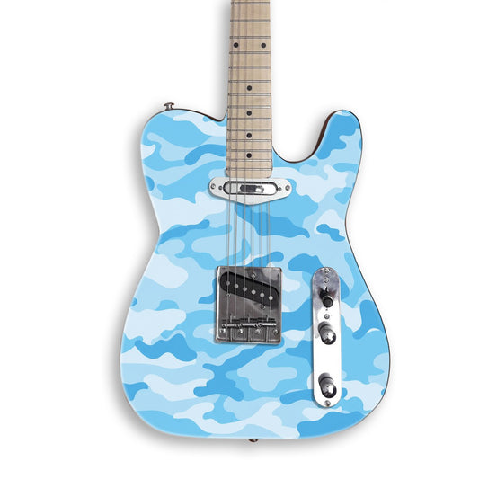 Sky Blue Camo guitar skin on a black Tele-style guitar