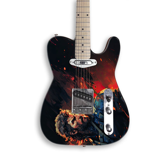 Soldier in the Embers guitar skin on a black Tele-style guitar