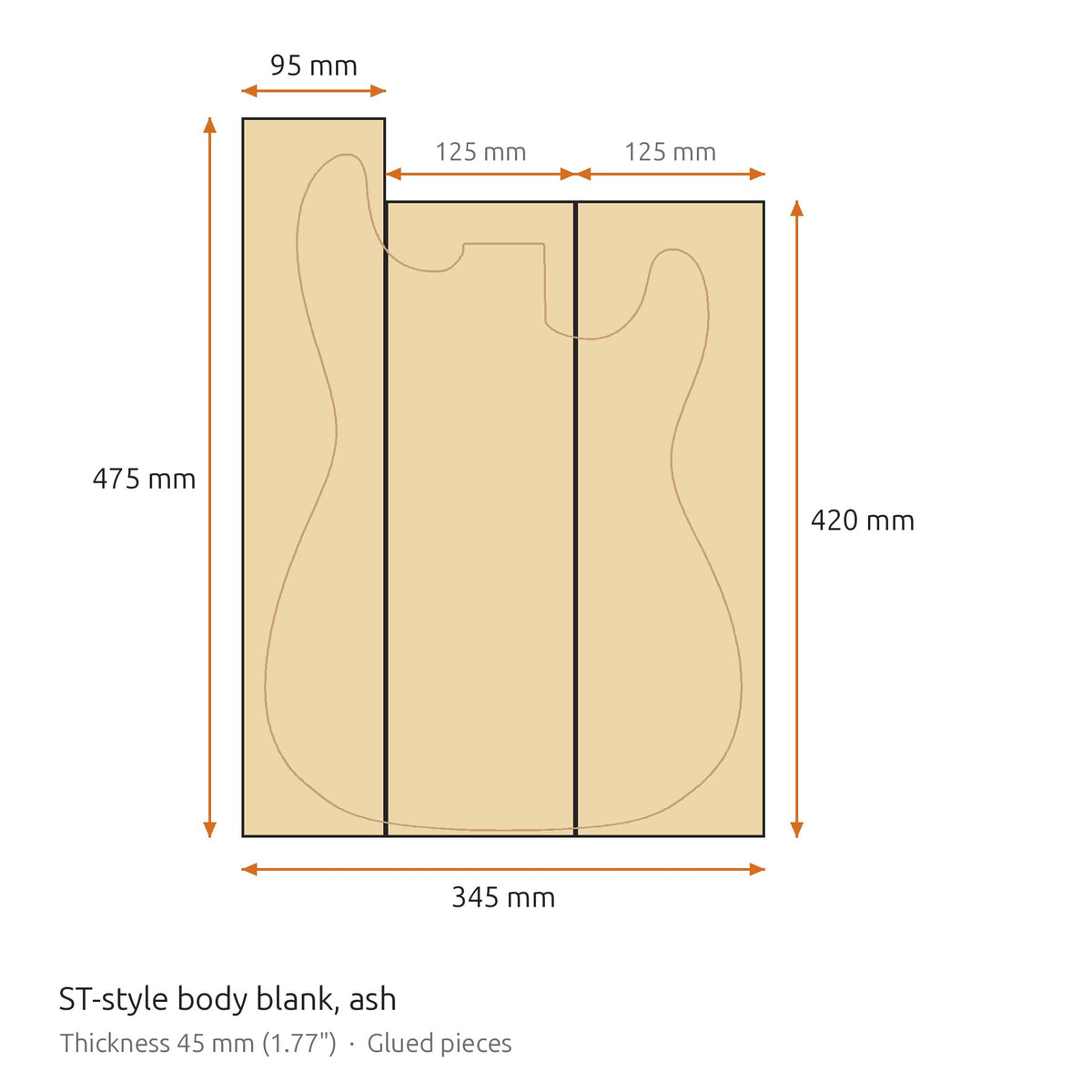 Dimensions of the ST-style body blank: 95 x 475 mm and two 125 x 420 mm glued pieces, 45 mm thick