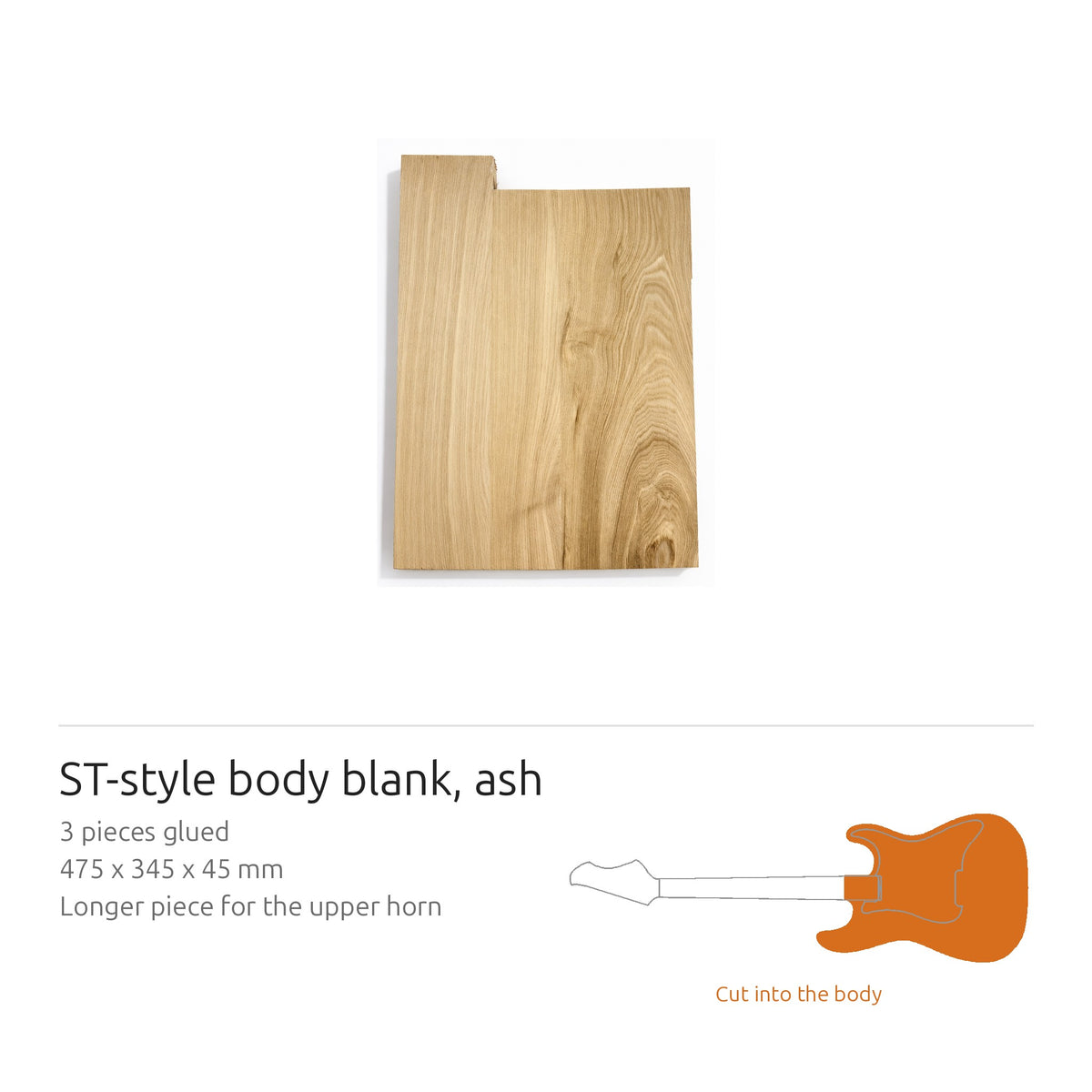 ST-style ash body blank, 475 x 345 x 45 mm, cut into the body of an ST-style guitar
