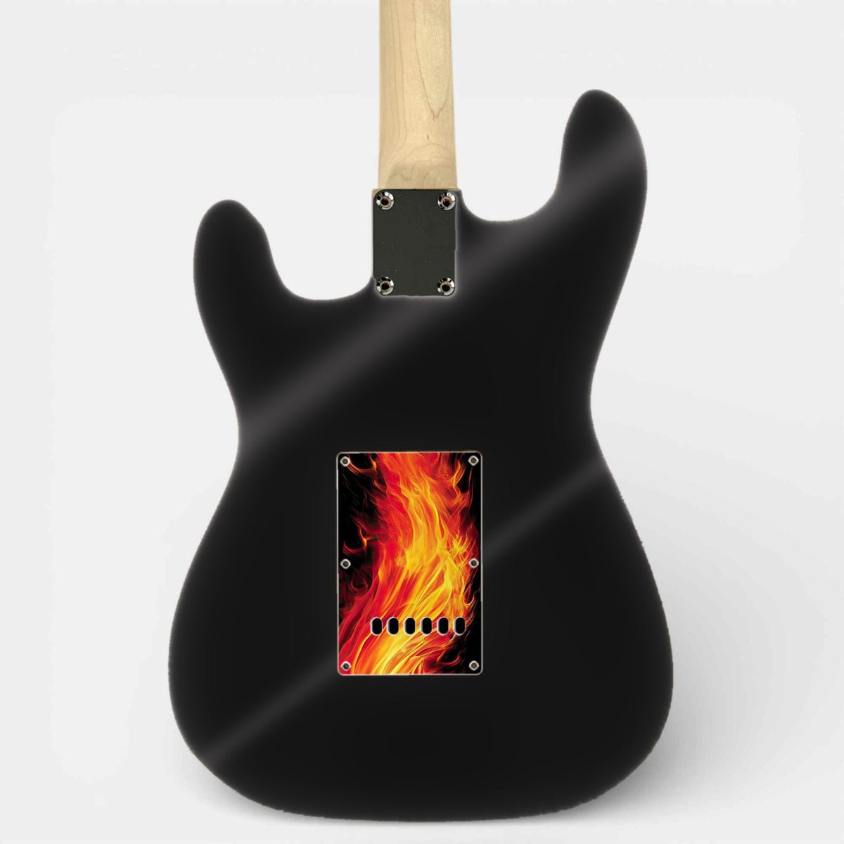Back of a black ST-style guitar with the tremolo cover printed with the same artwork