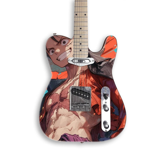 Straw Hat Pirate Grin guitar skin on a black Tele-style guitar