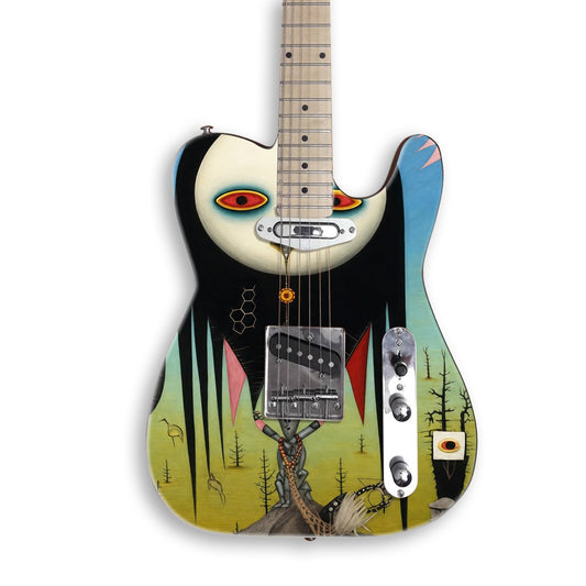 Moon Face Dreamscape guitar skin on a black Tele-style guitar