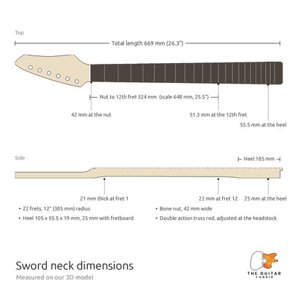 Sword neck dimensions: 669 mm long, 42 mm nut, 648 mm scale, heel 105 x 55.5 mm