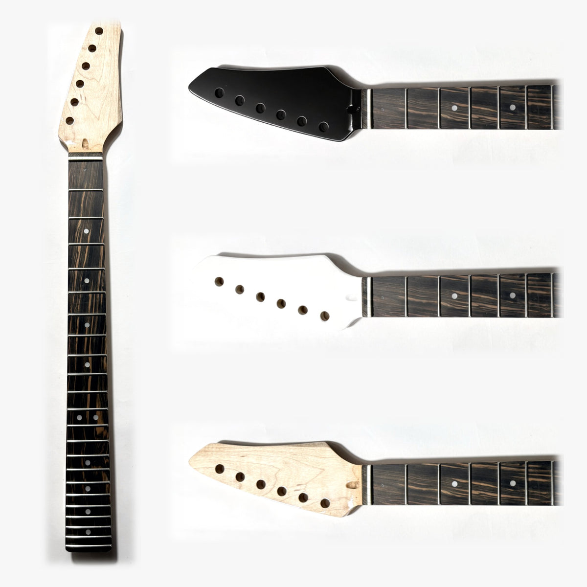 Unfinished sword headstock guitar neck in maple and ebony, front and back
