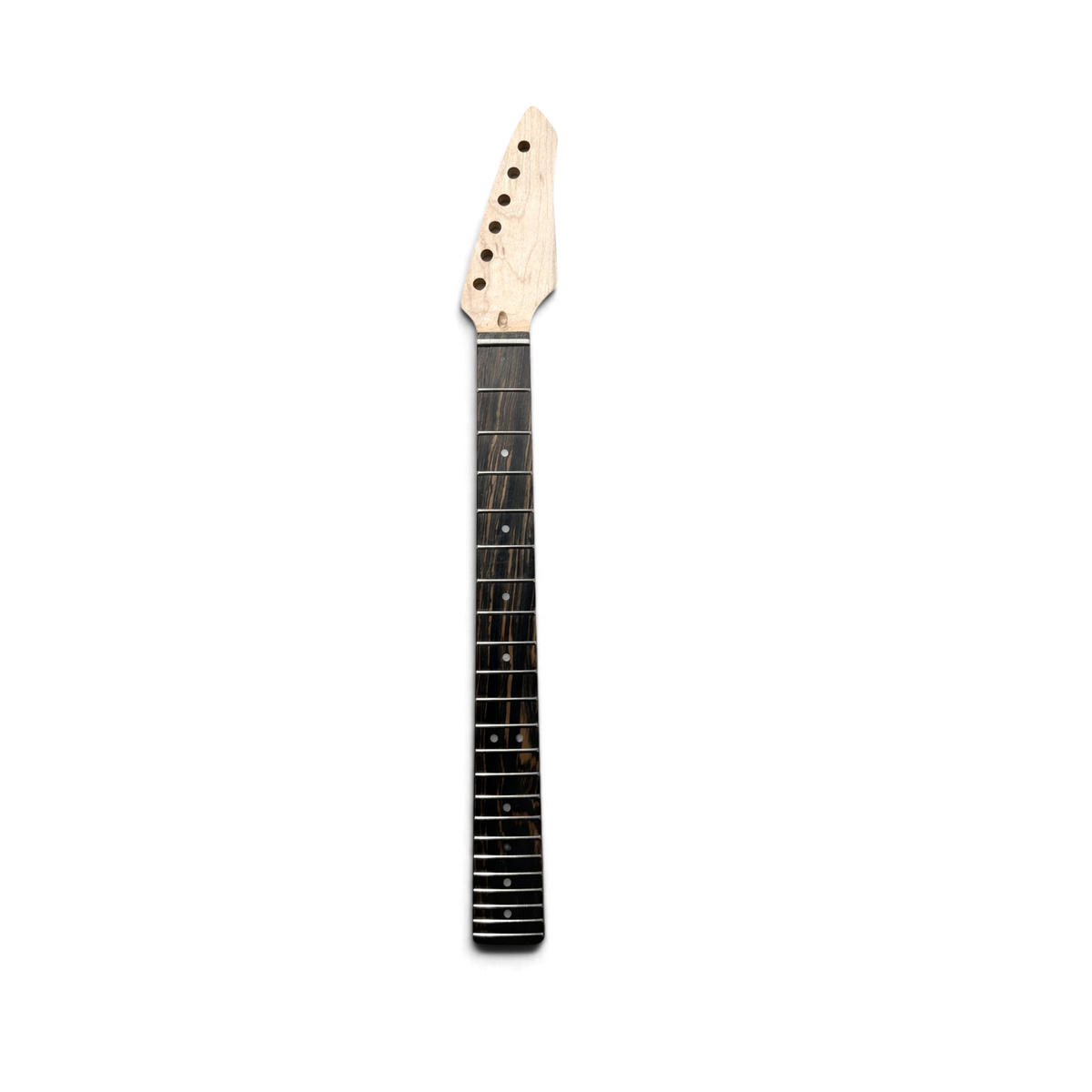 Front of the unfinished sword headstock neck with its ebony fretboard