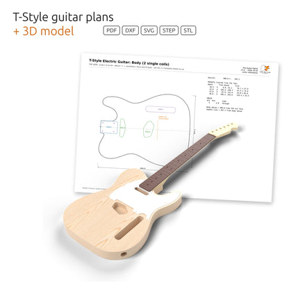 T-style electric guitar 3D model in front of its dimensioned body plan