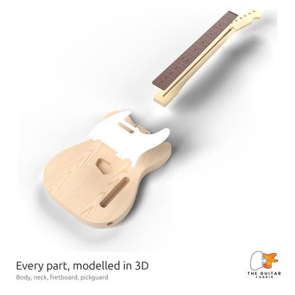 Exploded 3D view of the T-style guitar: body, neck, fretboard and pickguard