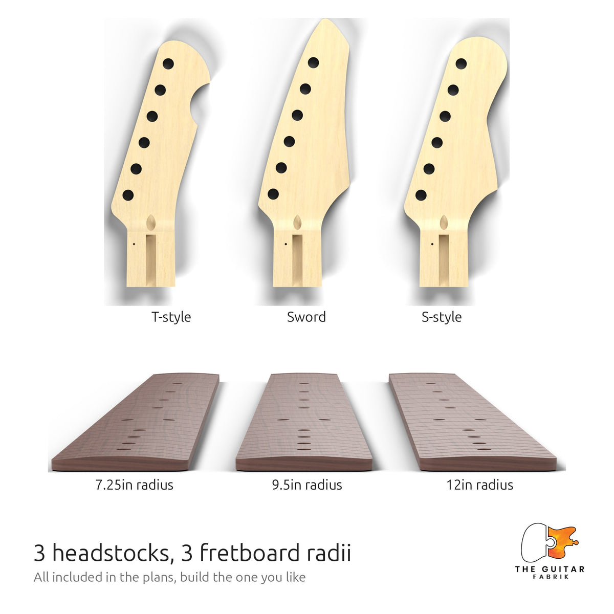 Three headstock shapes and three fretboard radii included in the T-style plans