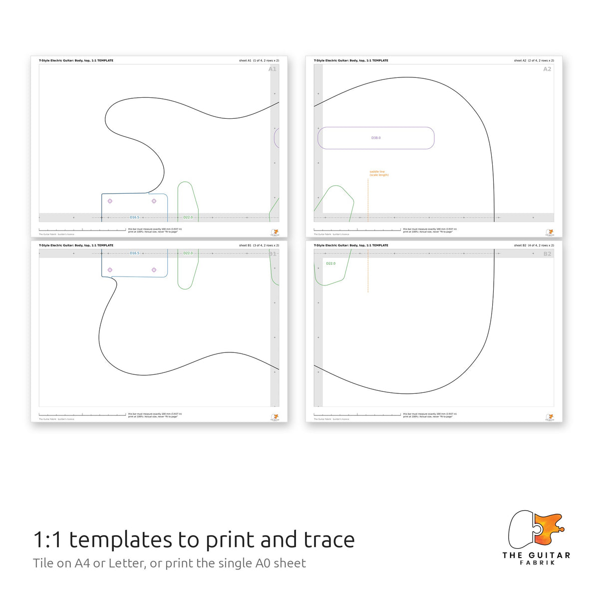 1:1 T-style body templates tiled on printed sheets