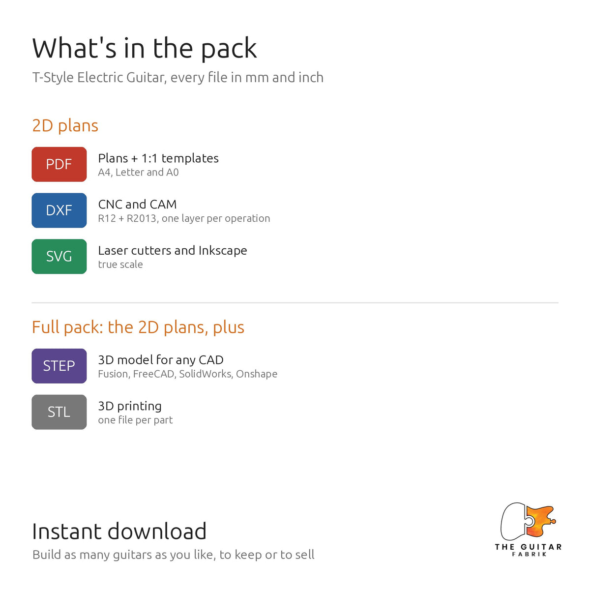 Files in the 2D plans and the full pack: PDF, DXF, SVG, STEP and STL