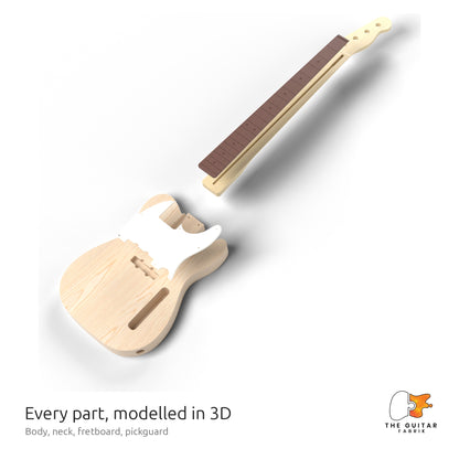 Exploded 3D view of the T-Style bass: body, neck, fretboard and pickguard