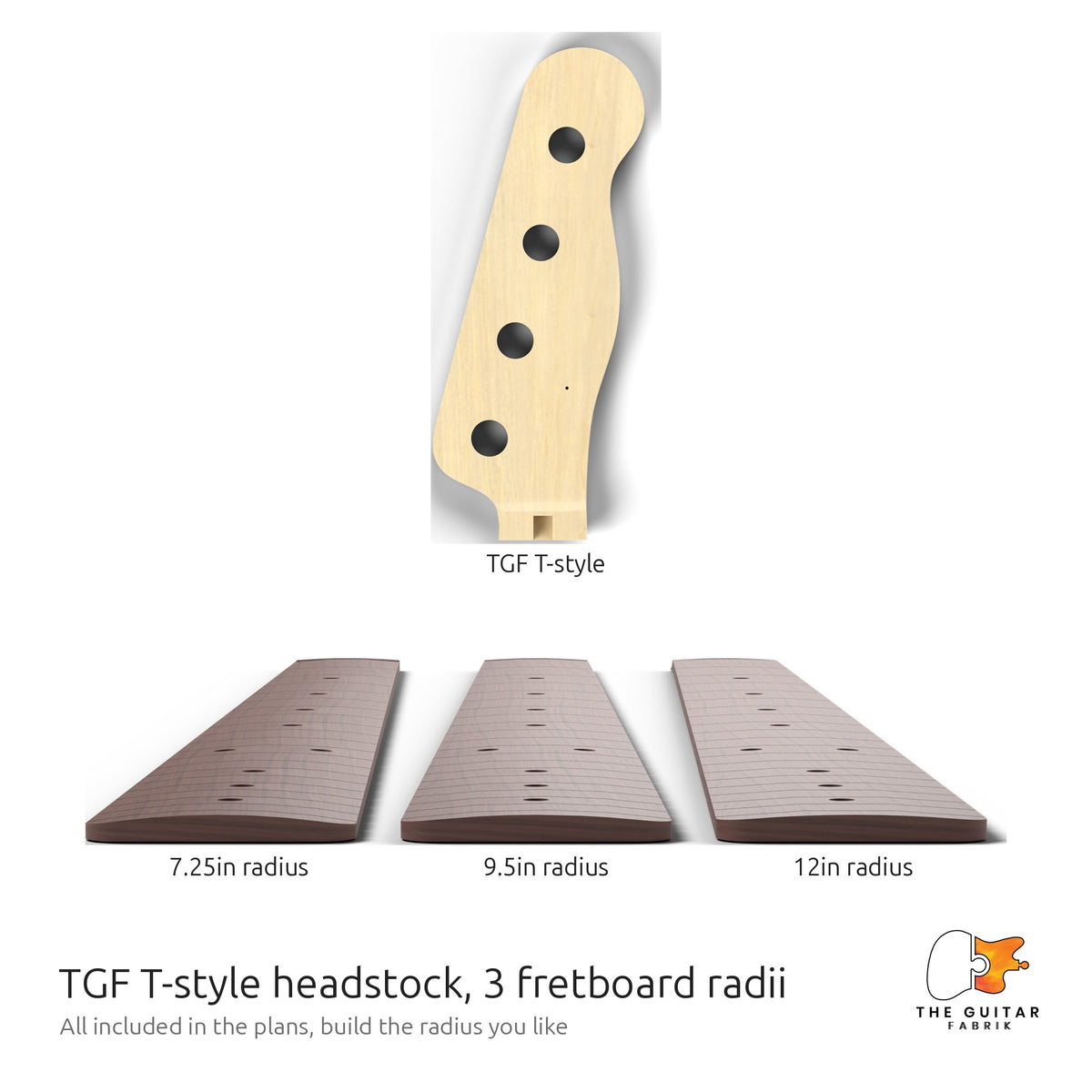 TGF T-Style headstock and three fretboard radii included in the T-Style bass plans
