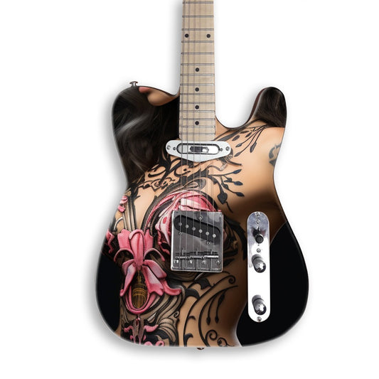 Tattooed Rose Muse guitar skin on a black Tele-style guitar