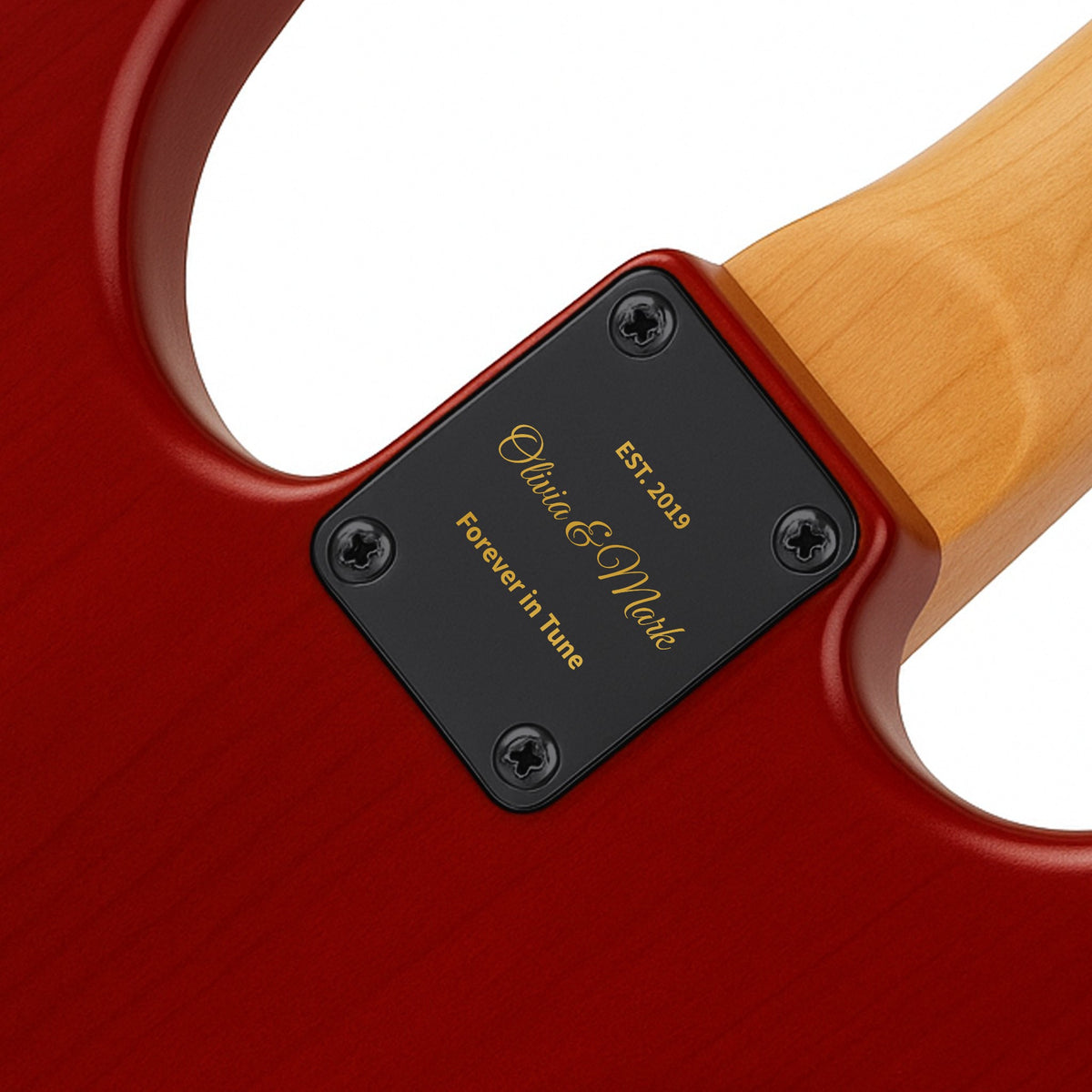 Black neck plate with gold engraved text on the back of a red guitar