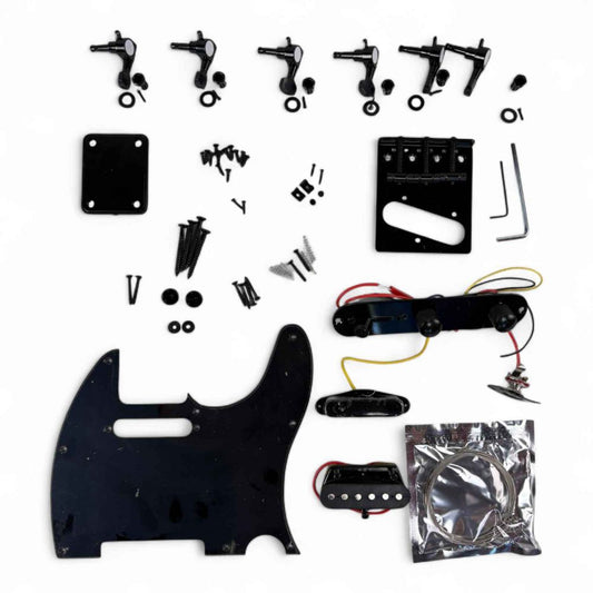 Guitar Parts Full Set for Tele in black showing all components laid flat including pickguard, tuners, and pickups