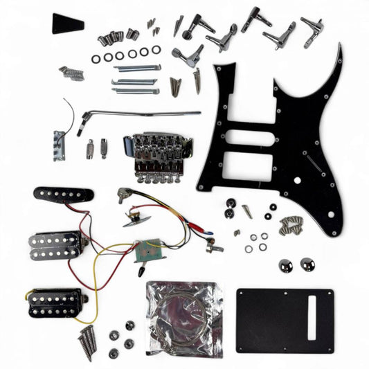 Guitar Parts Full Set Jem Style Chrome flat lay with tremolo bridge, pickguard, pickups, tuners, wiring, and hardware