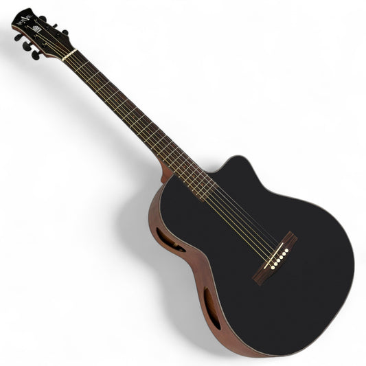 Monark acoustic guitar with solid mahogany wood, with ebony fretboard, bone nut on a white background