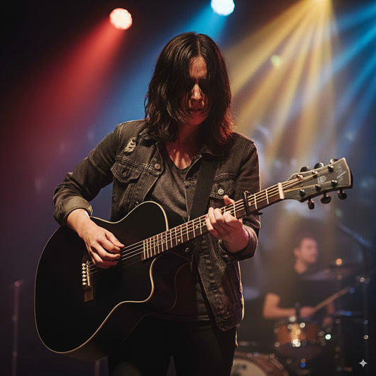 A guitarist playing our Monark acoustic guitar on stage with dramatic lighting