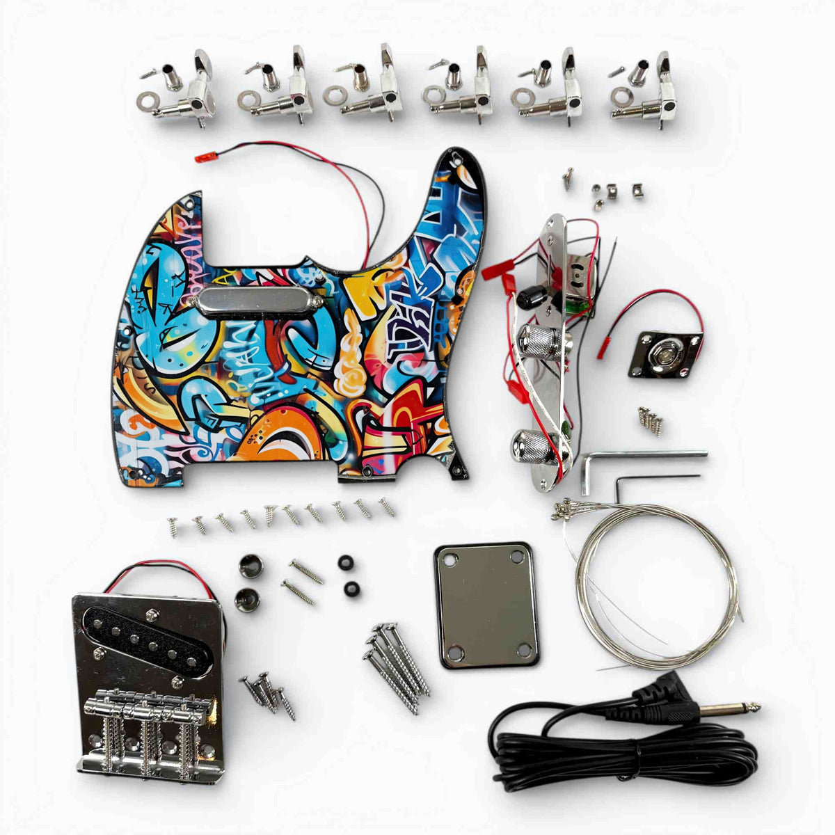 Hardware of the TL-style kit with the custom artwork pickguard, neck pickup installed