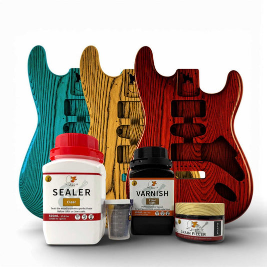 Black Grain Matte Clear finish kit with three colored guitar bodies and four product containers
