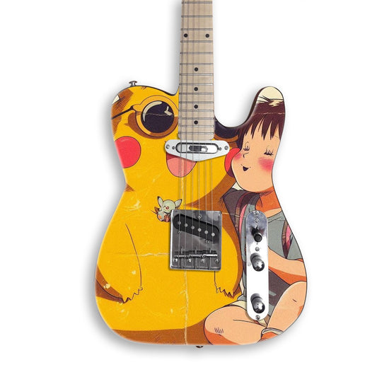 Vintage Anime Friends guitar skin on a black Tele-style guitar
